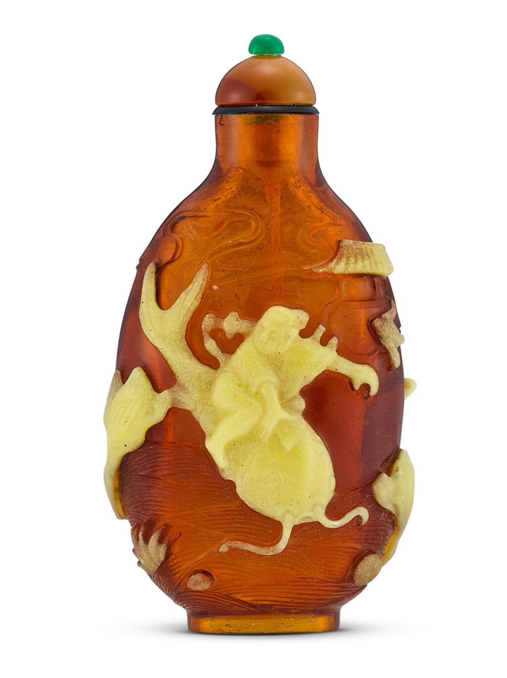 View full screen - View 1 of Lot 1829. A yellow overlay amber glass 'fisherman' snuff bottle Qing dynasty, 18th – 19th century 清十八至十九世紀 茶色套黃料放鴨圖鼻煙壺.