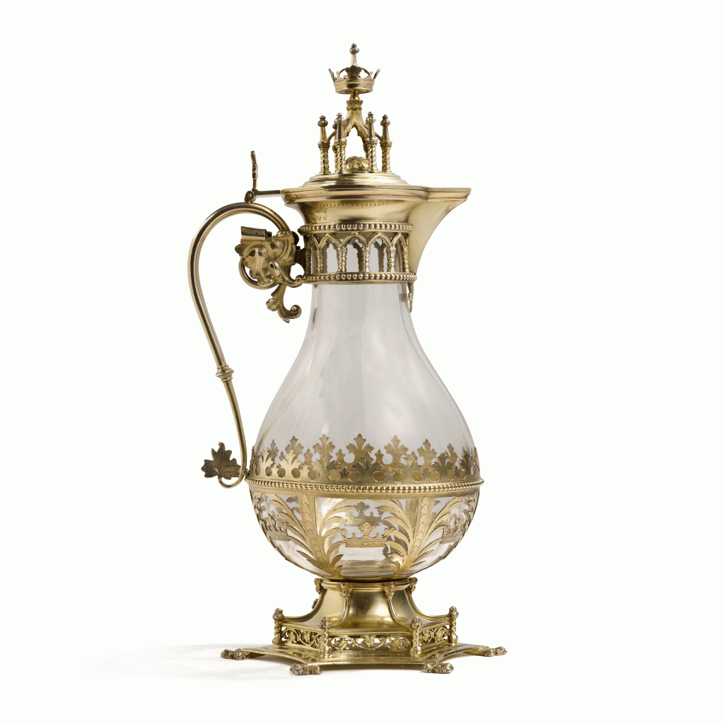 View full screen - View 1 of Lot 332. An Unusual Victorian Silver-Gilt Mounted Glass "Gothic Revival" Wine Jug, Edward Dimes, London, 1894.