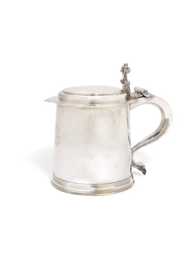 View full screen - View 1 of Lot 211. A James II silver tankard and cover, II over fleur-de-lis, probably for John Jackson, London, 1687.