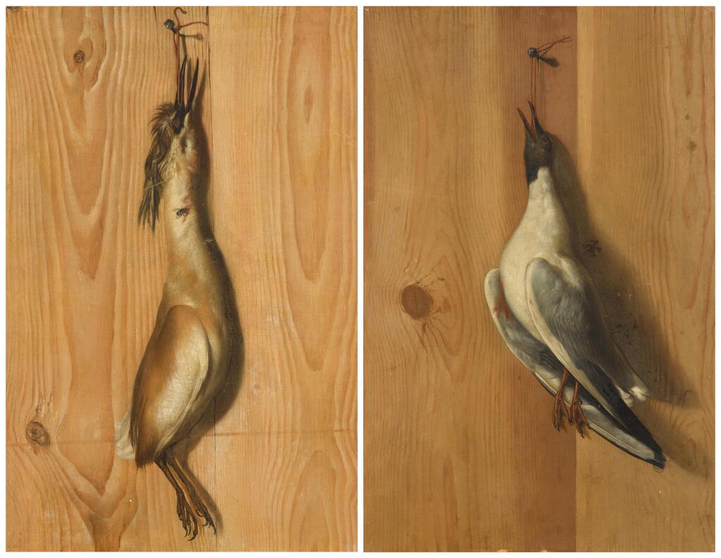 View full screen - View 1 of Lot 67. A pair of trompe l’œils: one depicting a biset pigeon and the other a bittern.