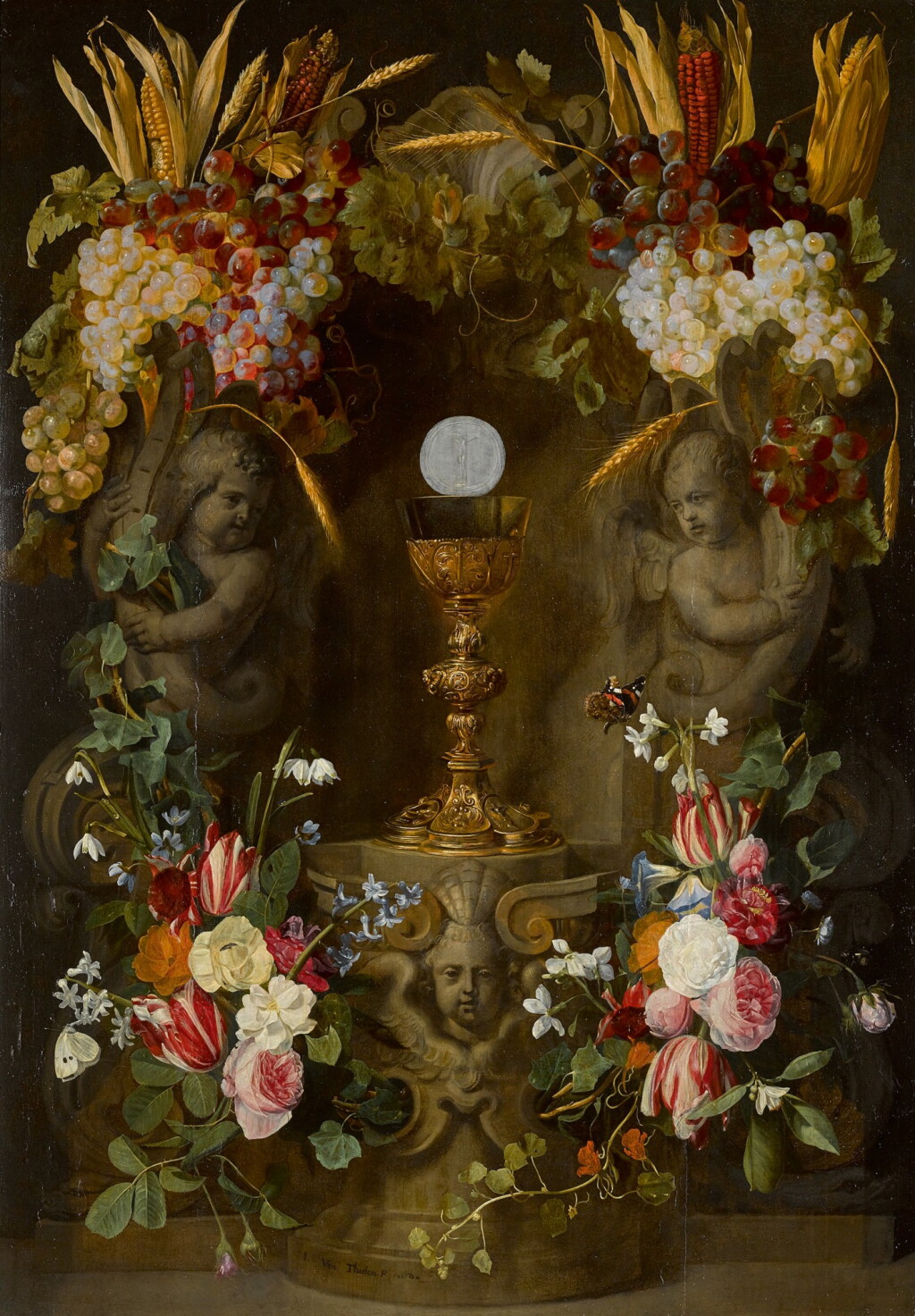 View full screen - View 1 of Lot 138. JAN PHILIPS VAN THIELEN | GARLANDS OF ROSES, TULIPS, NARCISSI, SNOWDROPS, HYACINTHS AND CONVOLVULI, WITH GRAPES, EARS OF CORN AND HEADS OF MAIZE, SURROUNDING THE HOST IN A SCULPTED NICHE.