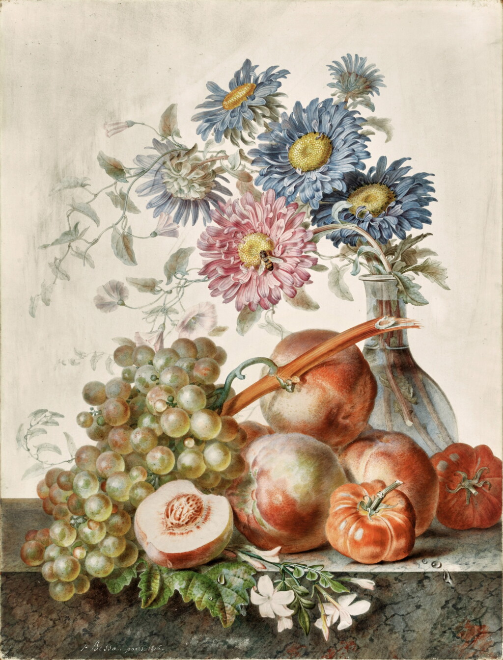 View full screen - View 1 of Lot 168. Still Life of Flowers in a Glass Vase, with Grapes, Peaches and Tomatoes .