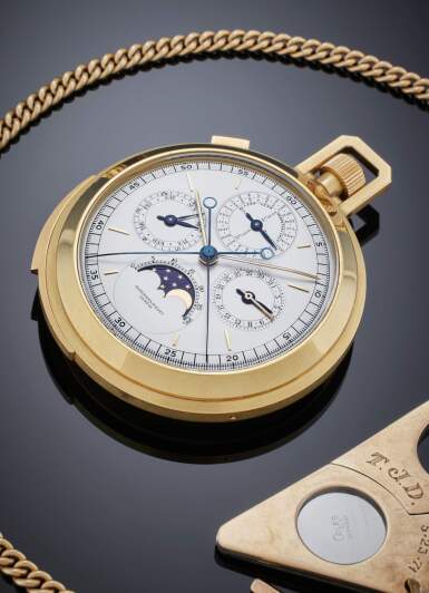 View full screen - View 1 of Lot 67. Reference 5543 | A yellow gold open face minute repeating, split seconds, perpetual calendar watch with 30-minute register and moon phases, Circa 1970.