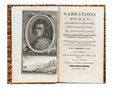View full screen - View 1 of Lot 19. BASTON. Narrations d'Omaï, insulaire de la mer du Sud. 1790. 4 vol. Demi-veau blond. dans le style de l'époque..