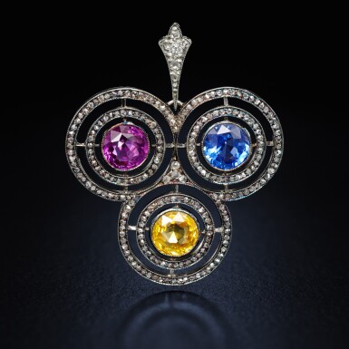 View full screen - View 1 of Lot 417. A Fabergé diamond and sapphire-set platinum pendant, designed by Albert Holmström, St Petersburg, circa 1909.