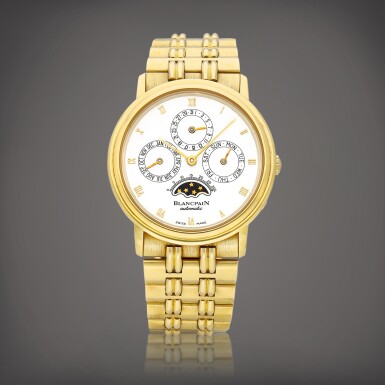 View full screen - View 1 of Lot 8774. Blancpain | Villeret | A yellow gold perpetual calendar wristwatch with moon phases and bracelet, Circa 1995 | 寶珀 | Villeret | 黃金萬年曆鏈帶腕錶,備月相顯示,約1995年製.
