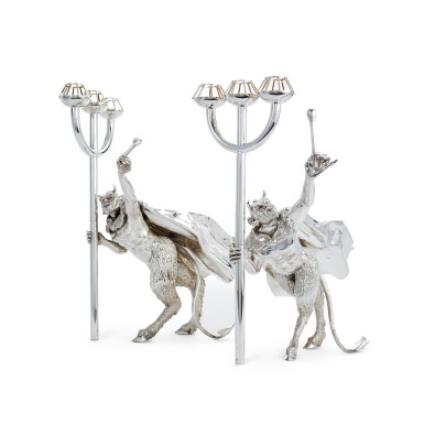 View full screen - View 1 of Lot 1068. A Pair of English Silver Three-Light Devil Candelabra, Crawford Designs, Modern.
