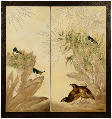 View full screen - View 1 of Lot 41. Dyptic Hirondelles de Chine et colins de Californie dans les Orphys en fleurs.