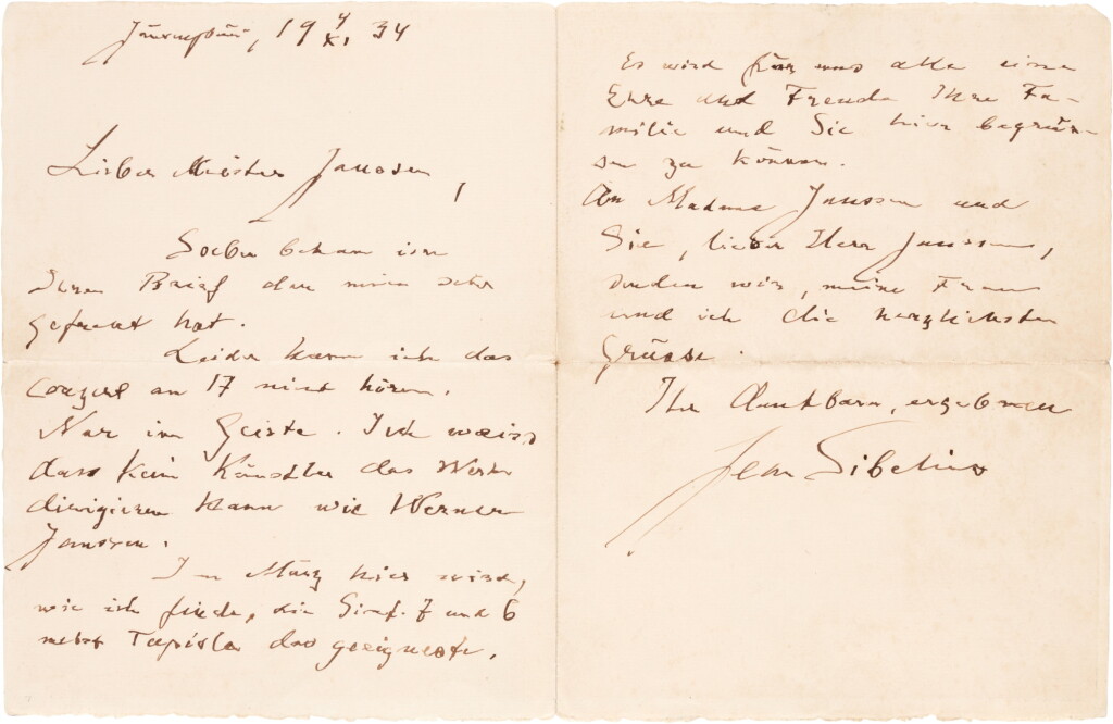 View full screen - View 1 of Lot 69. J. Sibelius. Autograph letter signed to Werner Janssen, mentioning his symphonies and "Tapiola", 4 November 1934.