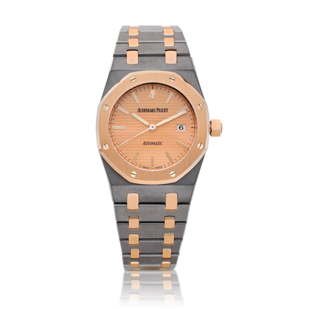View full screen - View 1 of Lot 8039. Royal Oak, Reference 15000TR.OO.0789TR.01 | A pink gold and tantalum bracelet watch with salmon dial and date, Circa 2004 | 愛彼 | 皇家橡樹系列 型號15000TR.OO.0789TR.01 | 粉紅金及鉭金屬鏈帶腕錶,備日期顯示及鮭魚色錶盤,約2004年製.