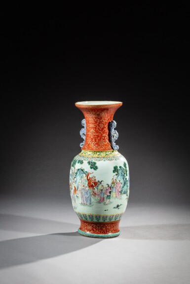 View full screen - View 1 of Lot 128. A large famille-rose 'immortals' vase, Qing dynasty, Qianlong - Jiaqing period | 清乾隆至嘉慶 珊瑚紅地描金粉彩八仙圖慶壽雙螭龍耳大瓶.
