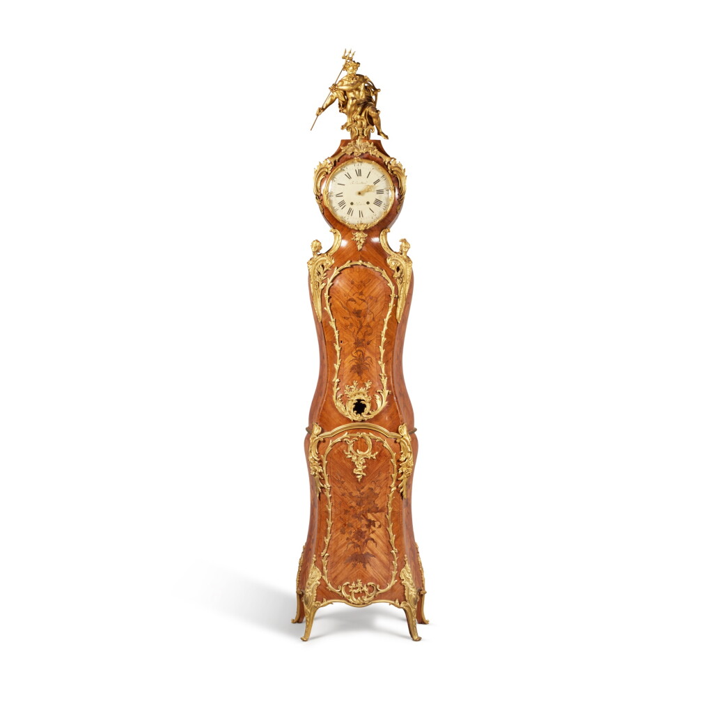 View full screen - View 1 of Lot 716. A French Louis XV Style Gilt Bronze-Mounted Kingwood and Bois de Bout Floral Marquetry Long Case Clock, Late 19th Century.