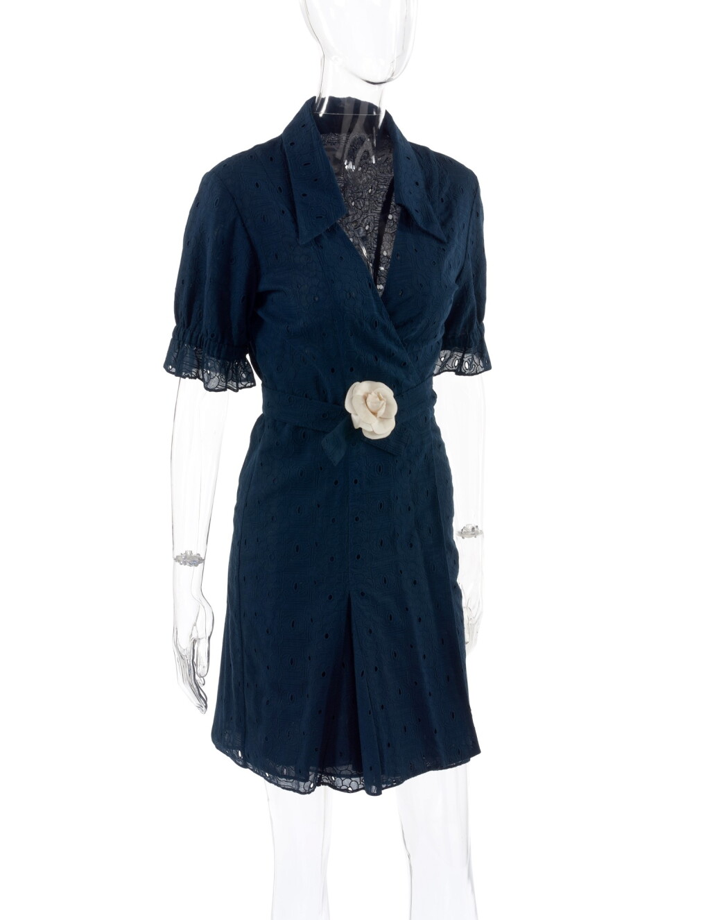View full screen - View 1 of Lot 183. CHANEL | BLUE COTTON SHIRT WRAP DRESS WITH CAMELLIA BROOCH .