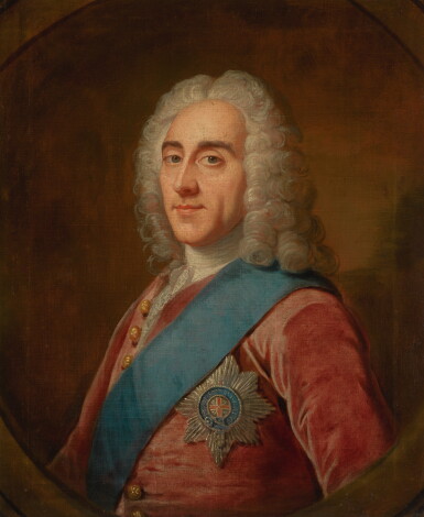 View full screen - View 1 of Lot 59. STUDIO OF WILLIAM HOARE OF BATH, R.A. | PORTRAIT OF PHILIP DORMER STANHOPE, 4TH EARL OF CHESTERFIELD (1694-1773), HALF-LENGTH, WEARING A RED VELVET COAT AND THE GARTER STAR.