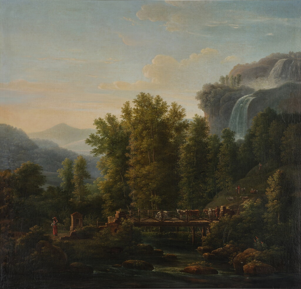 View full screen - View 1 of Lot 43. Arcadian landscape with cattle crossing a wooden bridge and a waterfall in the distance.