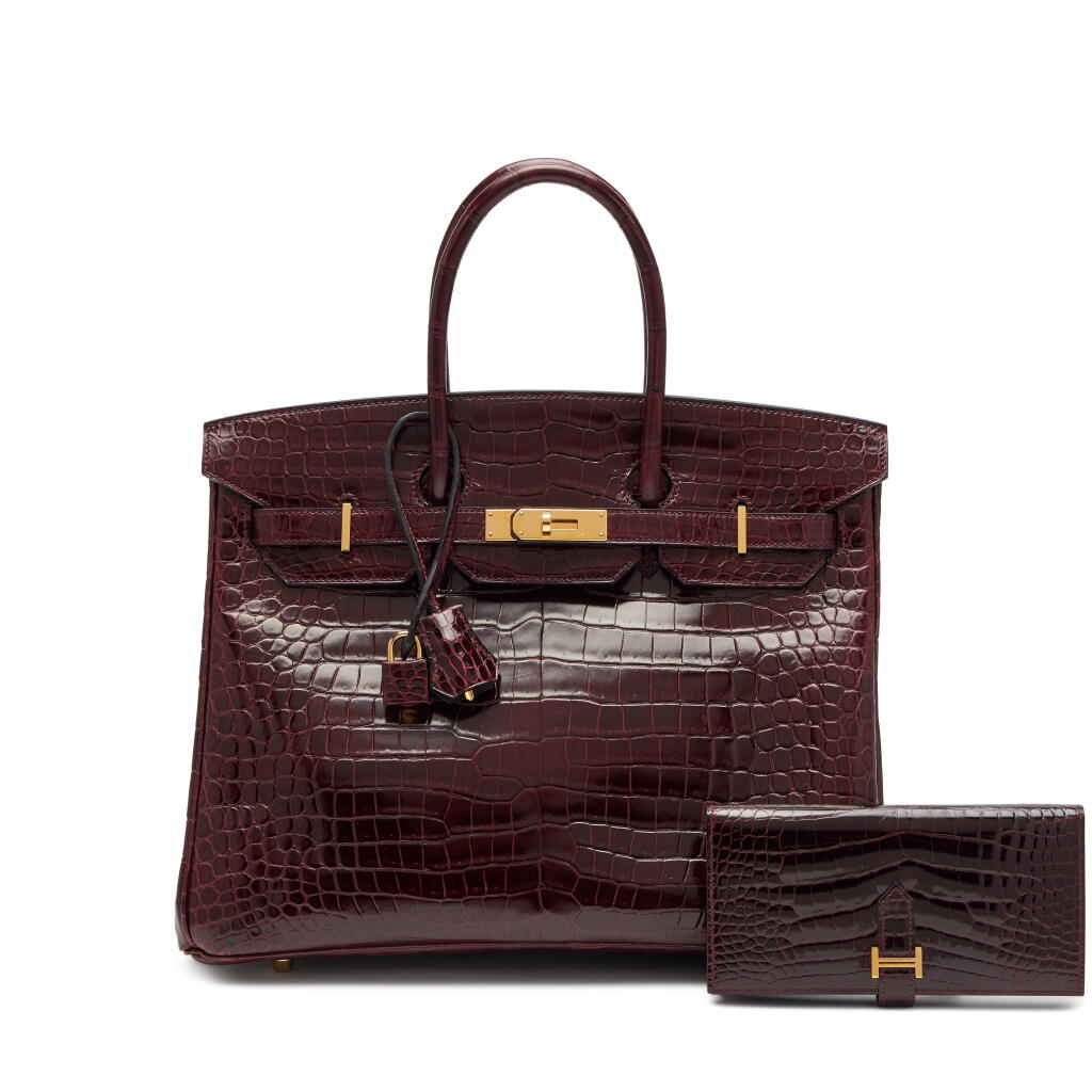 View full screen - View 1 of Lot 46. Set of Two Bordeaux Shiny Porosus Crocodile Birkin 35 Gold Hardware, 2014 and a Bordeaux Shiny Alligator Mississippiensis Bearn Wallet Gold Hardware, 2013.