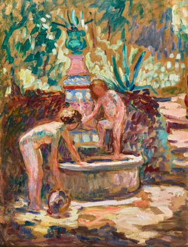 View full screen - View 1 of Lot 33. HENRI BAPTISTE LEBASQUE | SAINT-TROPEZ, DEUX FILLETTES À LA FONTAINE.