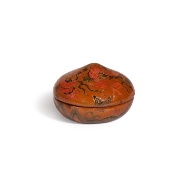 View full screen - View 1 of Lot 233. A rare qiangjin and tianqi lacquer peach-form box and cover, Late Ming dynasty.