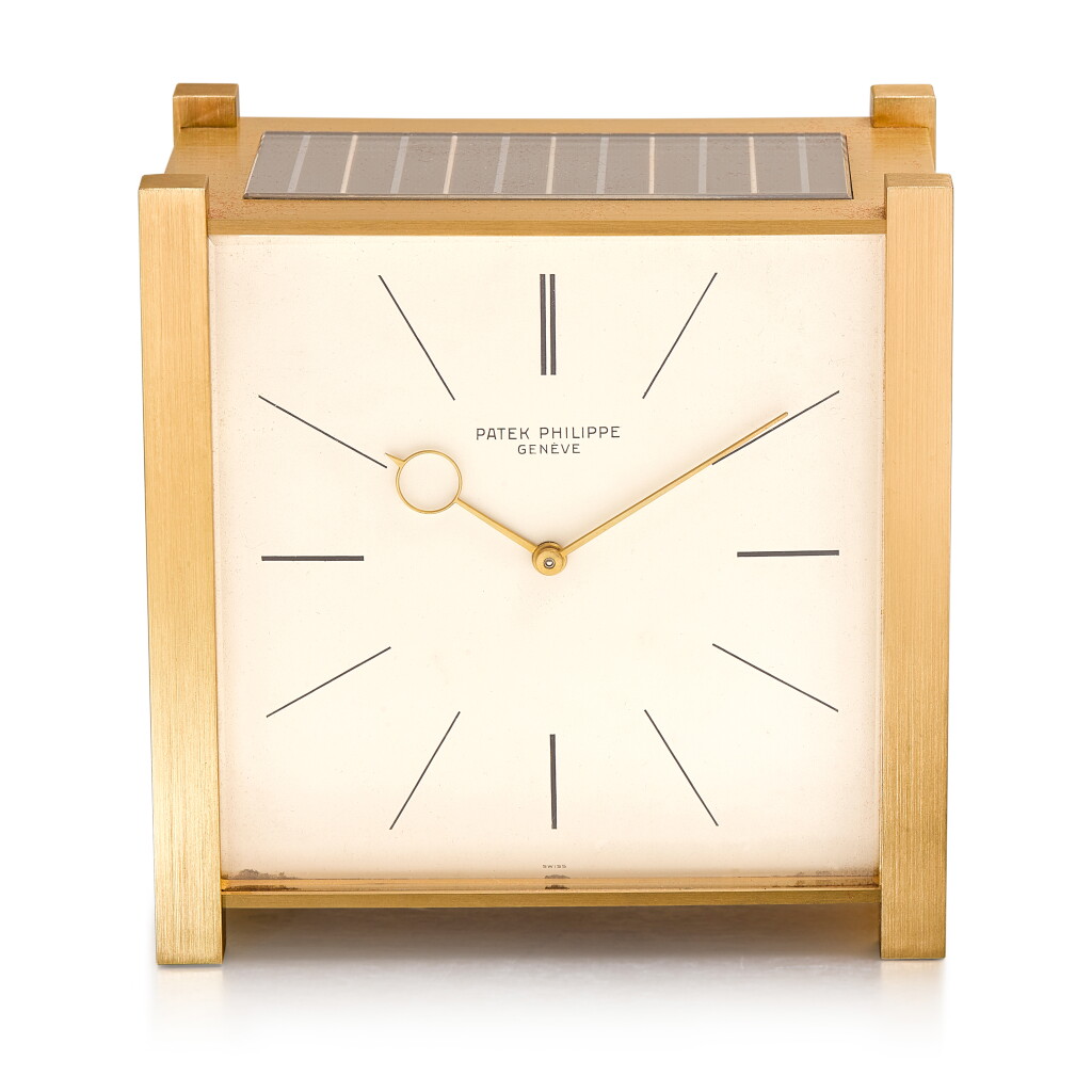 View full screen - View 1 of Lot 405. PATEK PHILIPPE | PENDULE CARRÉE, REF 902 GILT BRASS SOLAR TABLE CLOCK MADE IN 1961.