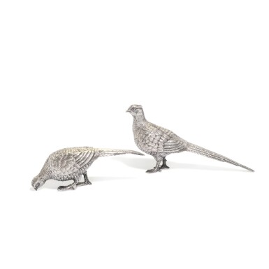 View full screen - View 1 of Lot 27. A pair of Elizabeth II silver pheasants, maker's mark illegible, London, 1973.