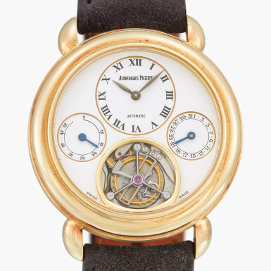 View full screen - View 1 of Lot 219. Reference 25718BA | A yellow gold tourbillon wristwatch with date and power reserve indication | Circa 1999.