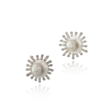 View full screen - View 1 of Lot 740. Pair of natural pearl and diamond ear clips.
