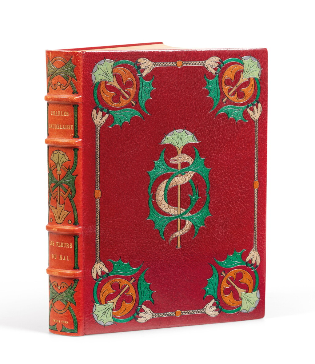 View full screen - View 1 of Lot 79. Les Fleurs du mal. 1899. In-4, maroquin rouge mosaïqué de Samblanx, 1920.
