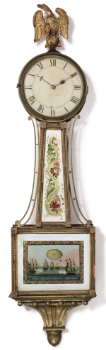 EXCEPTIONAL FEDERAL MAHOGANY, GILTWOOD AND EGLOMISE-PANELED PATENT TIMEPIECE, WORKS BY JOB WILBOUR, CASE POSSIBLY BY JOHN YOUNG, NEWPORT, RHODE ISLAND, CIRCA 1823