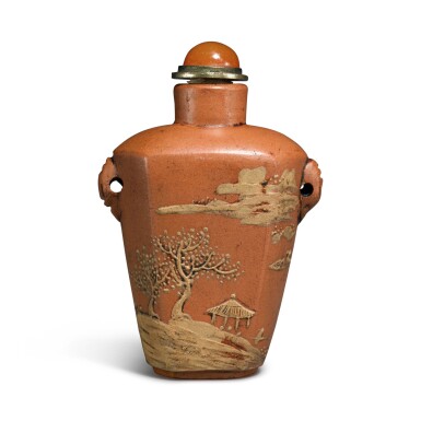 View full screen - View 1 of Lot 73. A Yixing slip-decorated 'landscape and prunus' snuff bottle, Qing dynasty, first half of the 19th century.