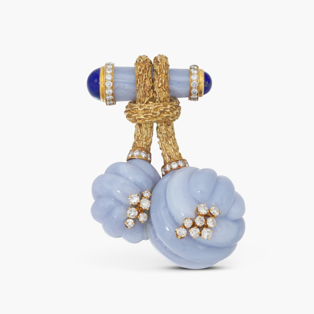 View full screen - View 1 of Lot 727. Chalcedony, Lapis Lazuli and Diamond Brooch.