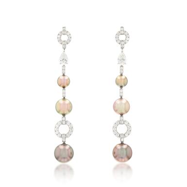 View full screen - View 1 of Lot 225. Pair of cultured pearl and diamond pendant 'Himalia' earclips.