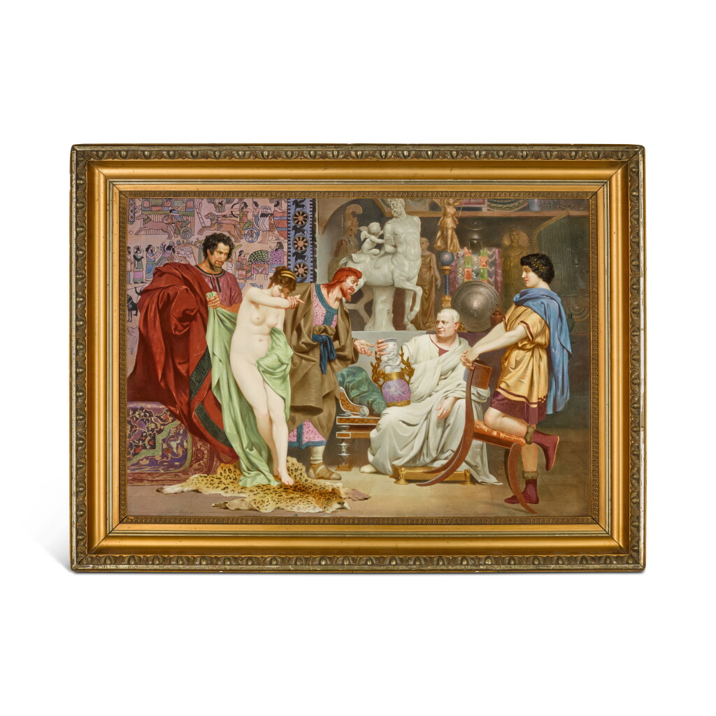View full screen - View 1 of Lot 172. A Continental faience Vienna-style rectangular plaque of 'The Girl or The Vase', after the painting by Henryk Hektor Siemiradzki, circa 1900 .