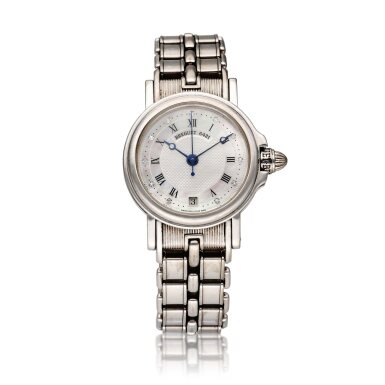 View full screen - View 1 of Lot 101. Reference 8400 BB/52/B40 Horloger De La Marine | A white gold mother of pearl and diamond-set automatic wristwatch with date and bracelet, Circa 1995.