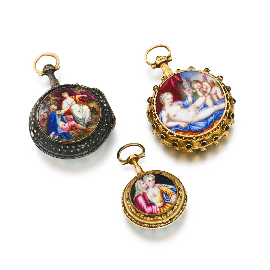 View full screen - View 1 of Lot 1094. Three gold and enamel watches, circa 1770.