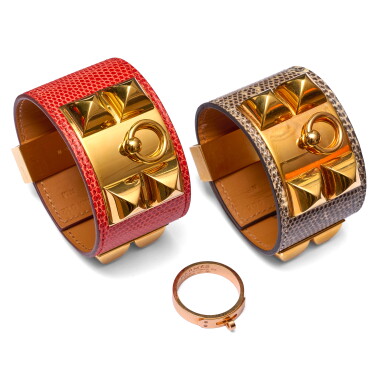 View full screen - View 1 of Lot 115. Set of Three, One Ombré Salvator Lizard Collier de Chien Bracelet Gold Hardware 2018, One Sanguine Niloticus Lizard Collier de Chien Bracelet Gold Hardware 2020 and One 18kt Rose Gold and Diamonds Kelly Ring PM, T. 53.