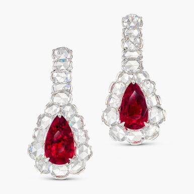 View full screen - View 1 of Lot 1791. Pair of Ruby and Diamond Pendent Earrings | 5.20 及 5.08克拉 天然「緬甸鴿血紅 」未經加熱紅寶石 配 鑽石 耳墜一對.