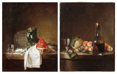 View full screen - View 1 of Lot 34. Still life with a basket of strawberries ; Still life with a melon and peaches .