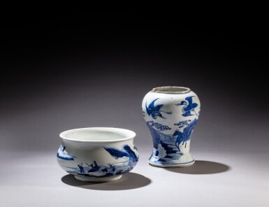 View full screen - View 1 of Lot 172. A blue and white 'landscape' basin and a blue and white 'animals' jar, Transitional period, 17th century | 明末清初十七世紀 青花瑞山水紋盆 及 青花瑞獸紋瓶.