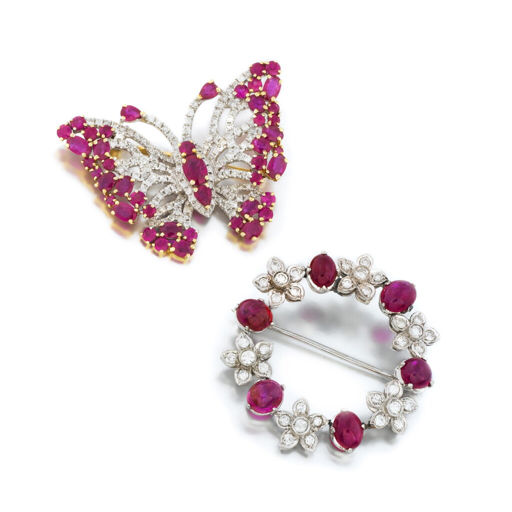 View full screen - View 1 of Lot 483. Deux broches rubis et diamants | Two ruby and diamond brooches.