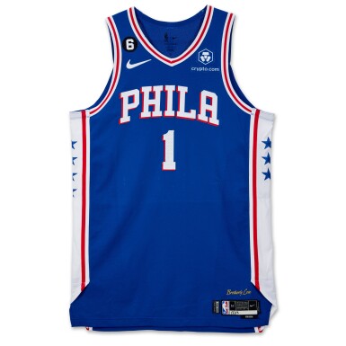 View full screen - View 1 of Lot 12. James Harden Philadelphia 76ers 2022-2023 NBA Game Worn Home Jersey.