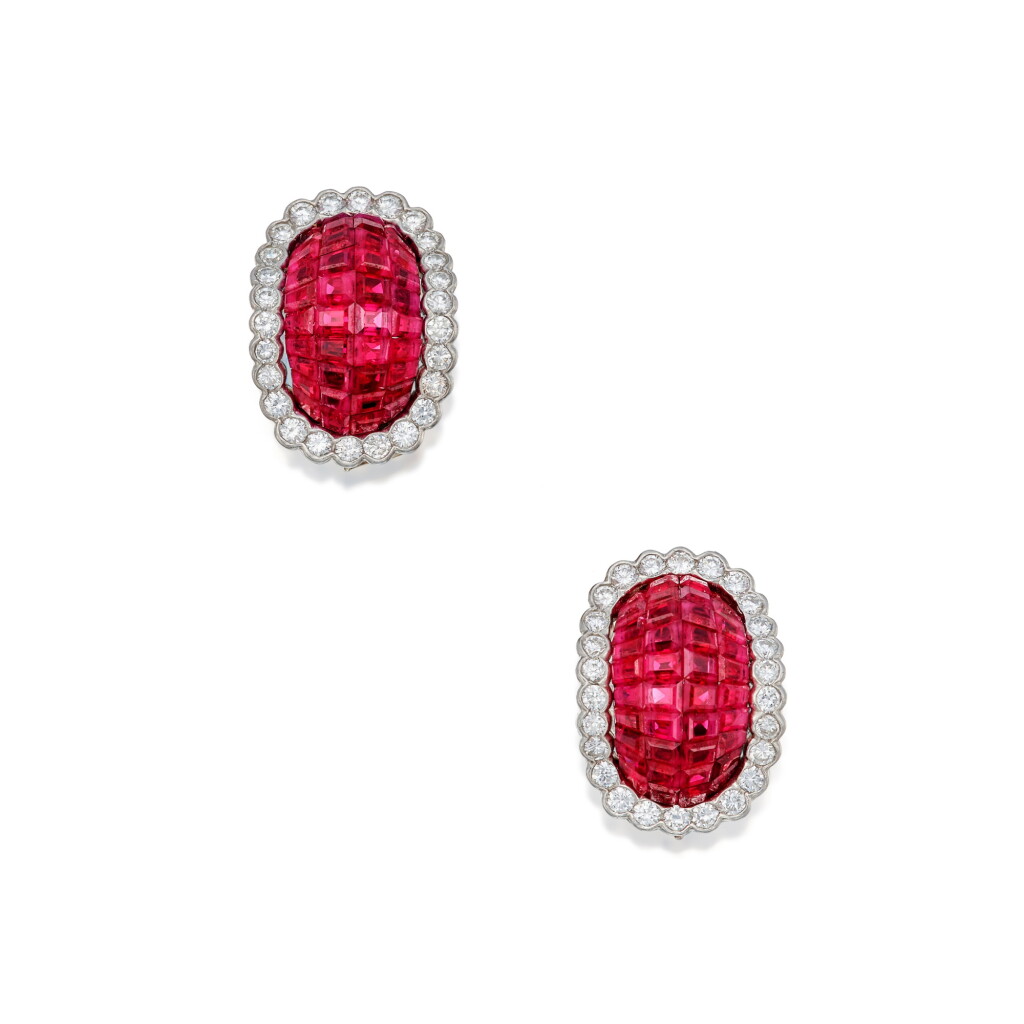View full screen - View 1 of Lot 204. A Pair of 'Mystery-Set' Ruby and Diamond Earclips.