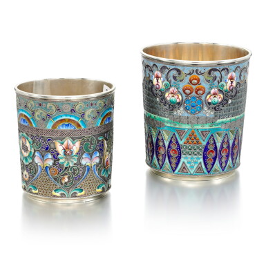 View full screen - View 1 of Lot 96. Pair of silver and enamel beakers, 1917.