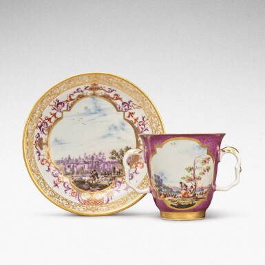 View full screen - View 1 of Lot 111. A Meissen purple-ground two-handled beaker and stand, Circa 1730-35 .