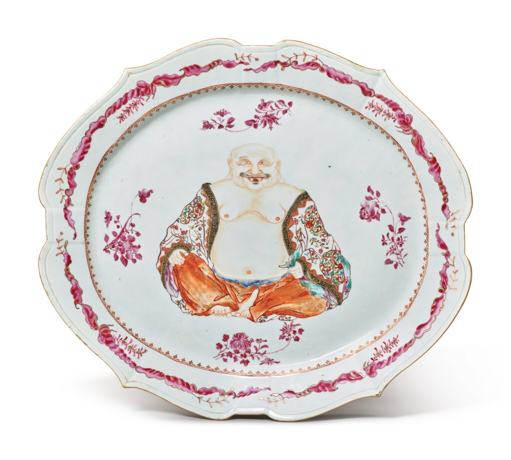 View full screen - View 1 of Lot 447. A Fine and Rare Chinese Export Famille-rose 'Budai' Tureen Stand, Qing Dynasty, Qianlong Period | 清乾隆 粉彩描金布袋和尚圖大盤.