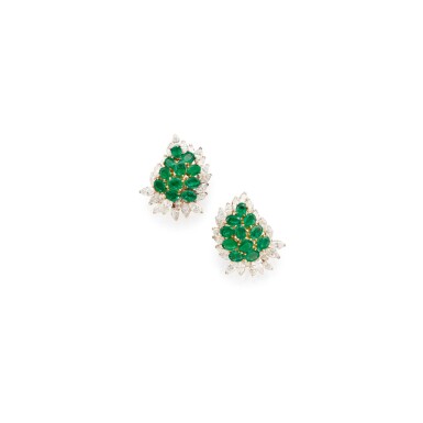View full screen - View 1 of Lot 300. PAIR OF EMERALD AND DIAMOND EARCLIPS.