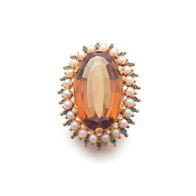 View full screen - View 1 of Lot 884. Citrine, emerald and seed pearl brooch.