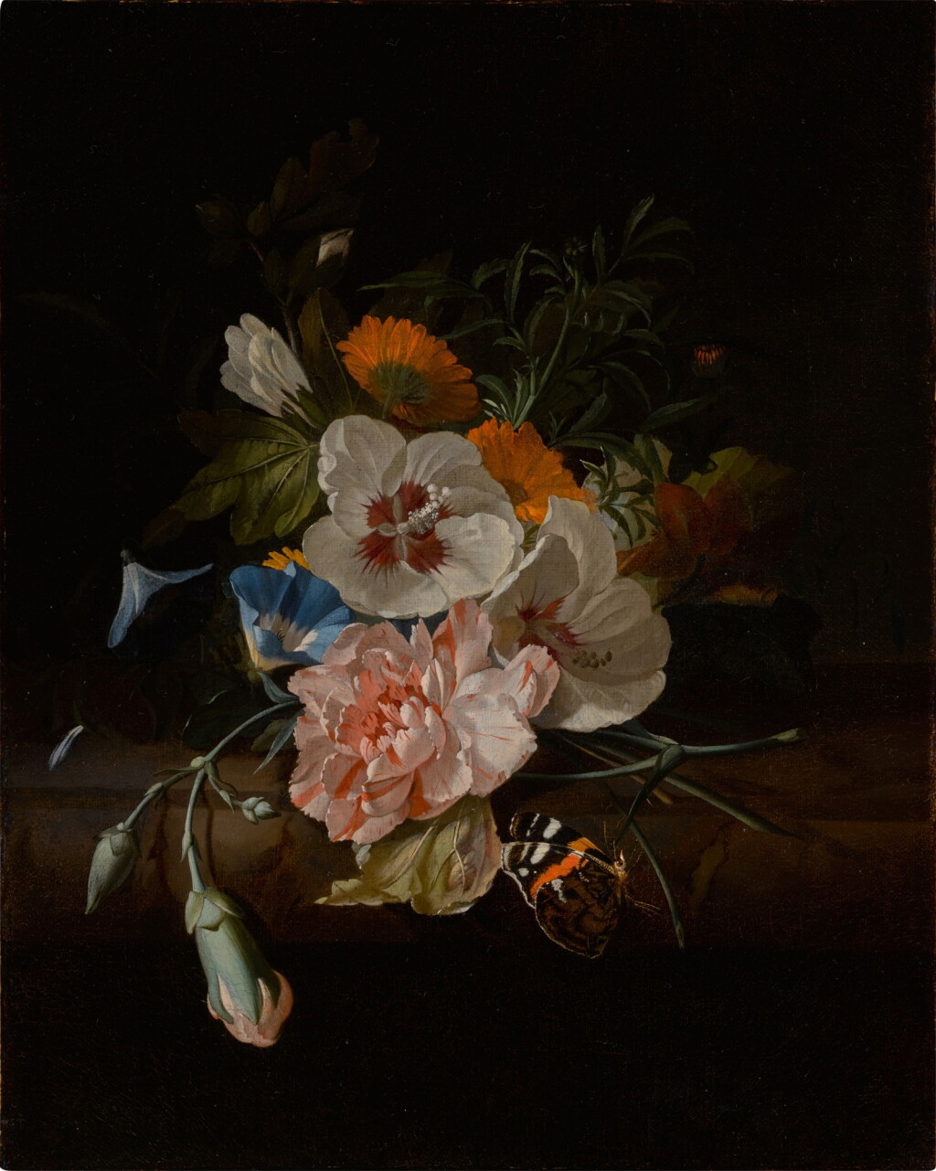 View full screen - View 1 of Lot 36. Still life of carnations, hibiscus, morning glories, and other other flowers on a ledge, with a butterfly.