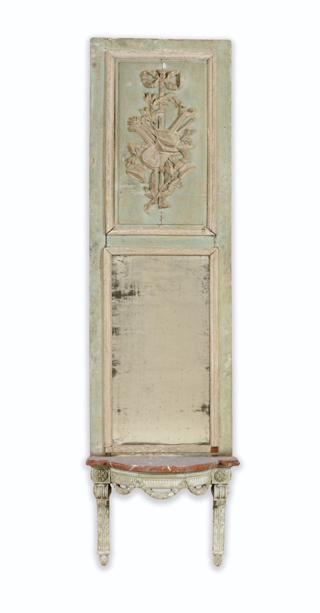 View full screen - View 1 of Lot 105. A LOUIS XVI PAINTED GREEN WOOD CONSOLE AND TRUMEAU | CONSOLE ET SON TRUMEAU EN BOIS RELAQUÉ VERT D'ÉPOQUE LOUIS XVI.