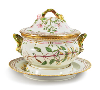 View full screen - View 1 of Lot 426. A Royal Copenhagen 'Flora Danica' Two-Handled Circular Tureen, Cover, and Stand, Modern.