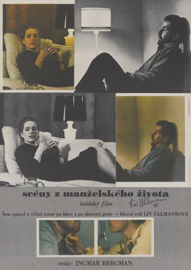 View full screen - View 1 of Lot 159. SCENER UR ETT ÄKTENSKAP / SCENES FROM A MARRIAGE / SCENY Z MANZELSKEHO ZIVOTA (1974) FIRST CZECH RELEASE POSTER, 1976, SIGNED BY LIV ULLMANN.